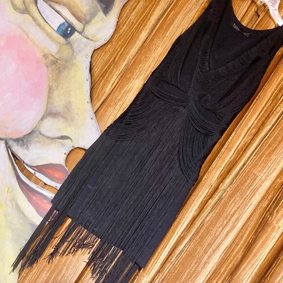 Sheri Bodell Art Deco Flapper Fringe Bodycon Cocktail Sexy Black Mini Dress XS - Picture 1 of 6